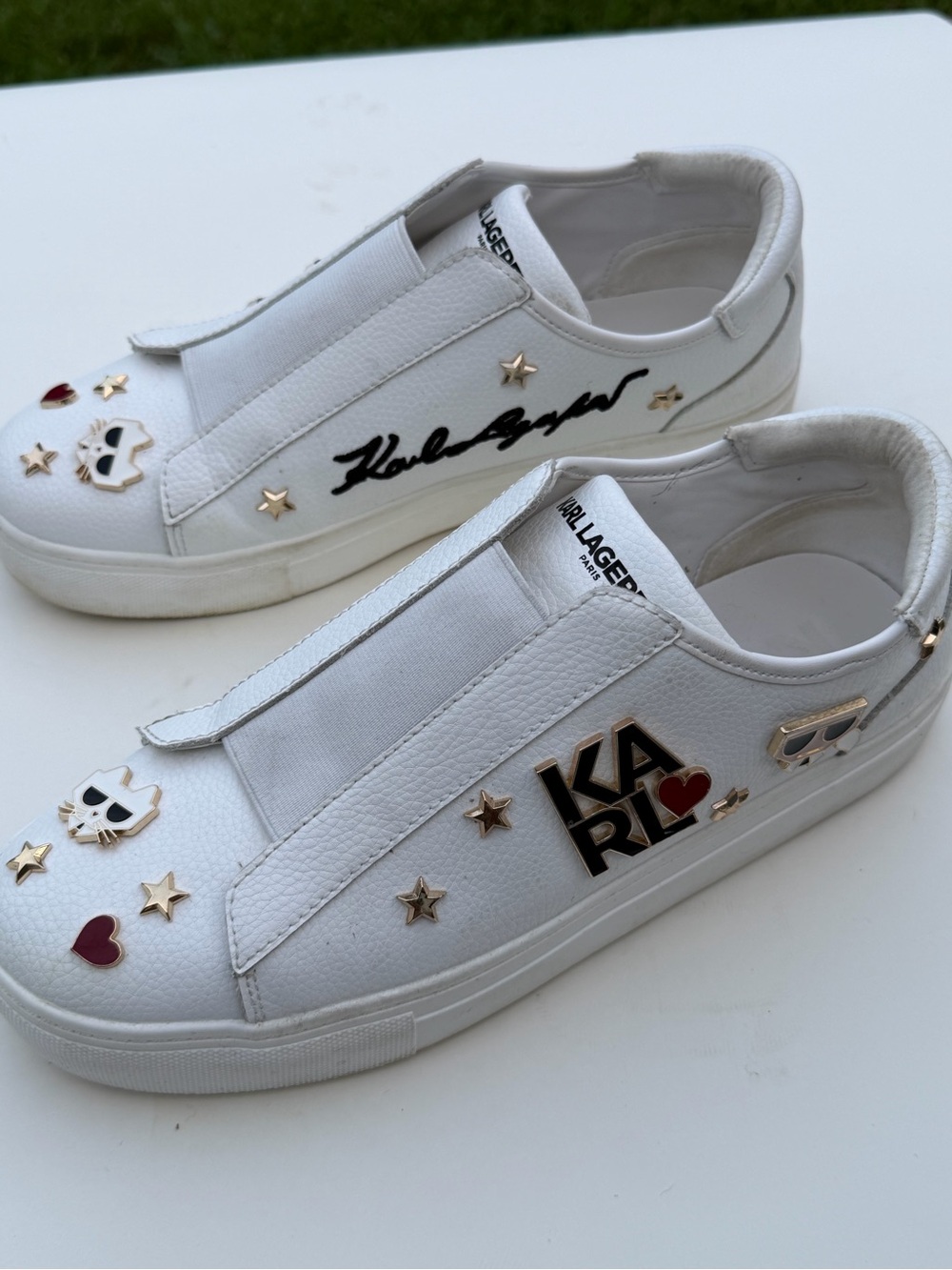 Karl Lagerfeld Paris Caitie White Slip-On Sneakers with Stud & Patch Accents - Picture 5 of 5